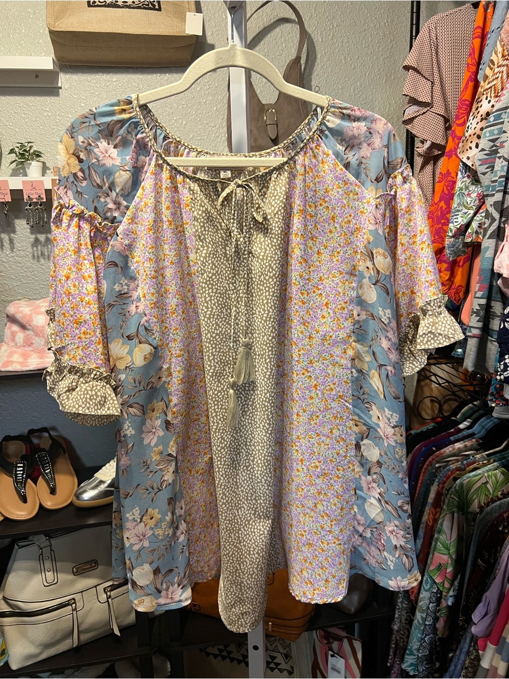 Gigi’s Boho Patchwork Floral Peasant Blouse — Blue & Cream